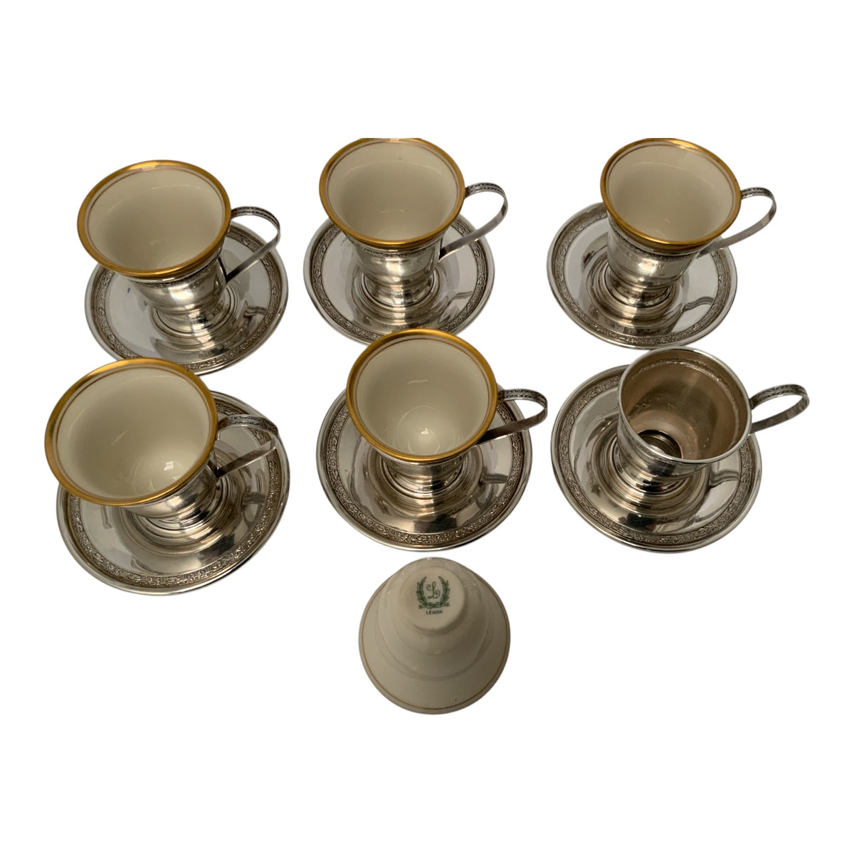 Antique Sterling Silver & Lenox Porcelain Demitasse Cup and Saucer Service Set of Six America c. 1910–1930