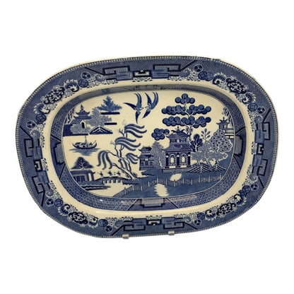 Antique Ridgway Blue Willow Porcelain Ironstone Serving Platter 18” - Large Turkey Meat Platter Semi China England c. 1885-1890