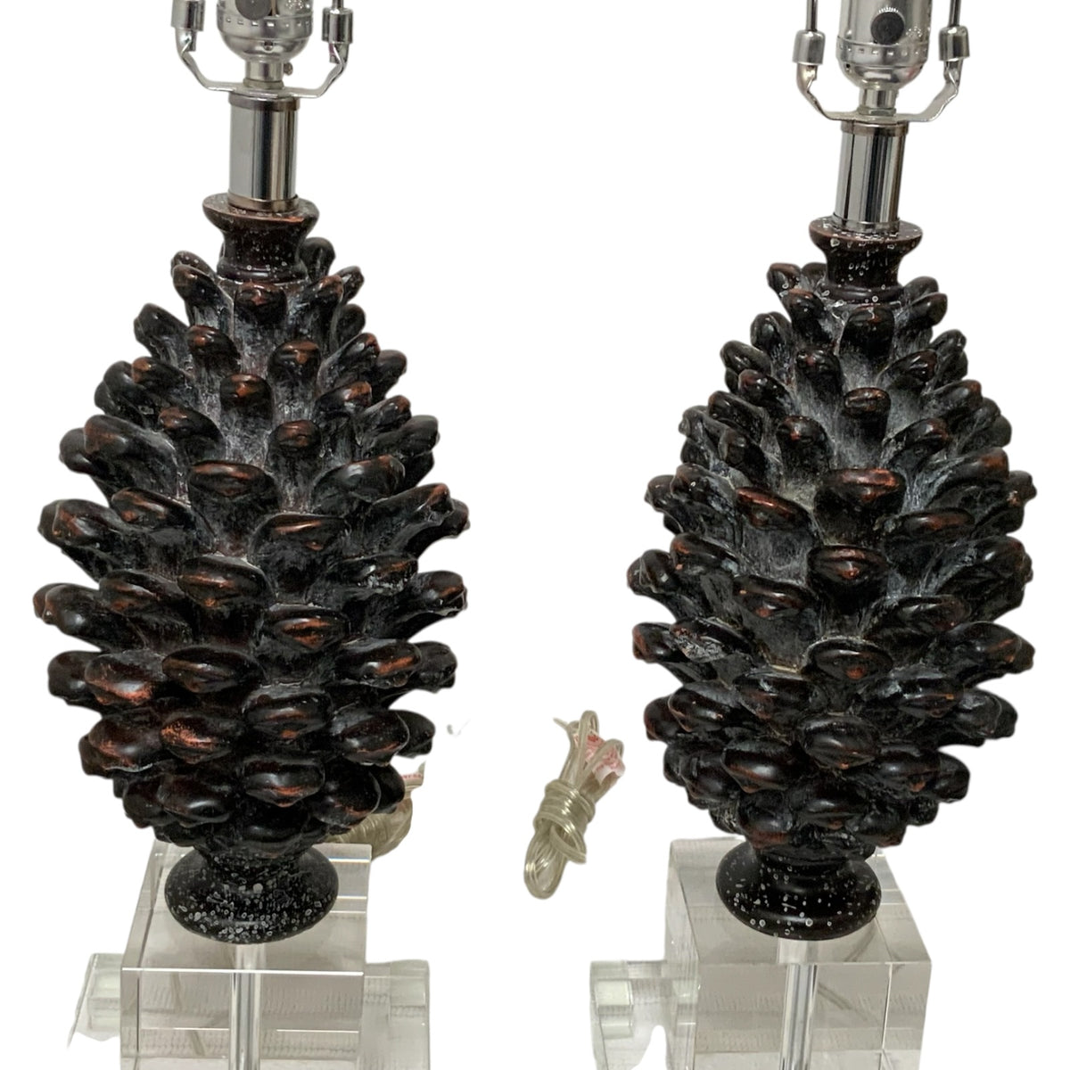 Pair of Neoclassical Style Brown Pinecone Table Lamps on Stacked Lucite Footed Bases 29" 2013