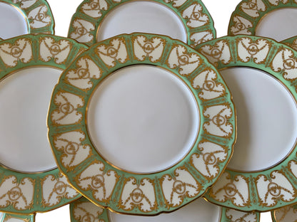 Antique Royal Doulton Robert Allen Dinner Plates Mint Green Gold Gilt 10” Set of 12 (Dated 1916/1925)