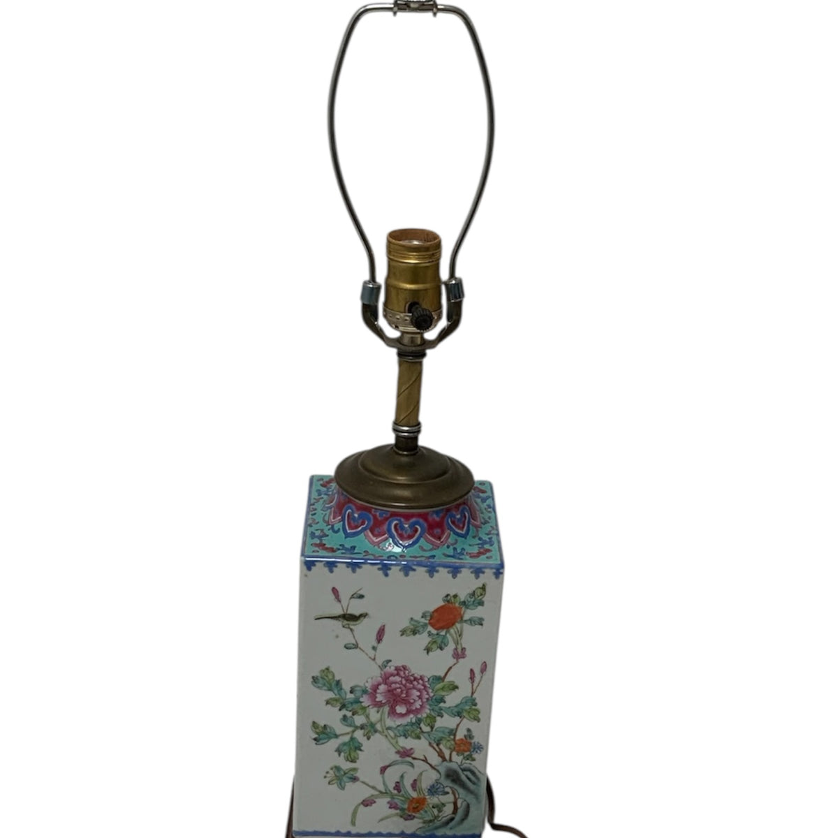 Antique Chinese Republic Period Famille Rose Four Seasons Porcelain Lamp Pagoda Shade Celluloid Rose Finial c1920s-1930s