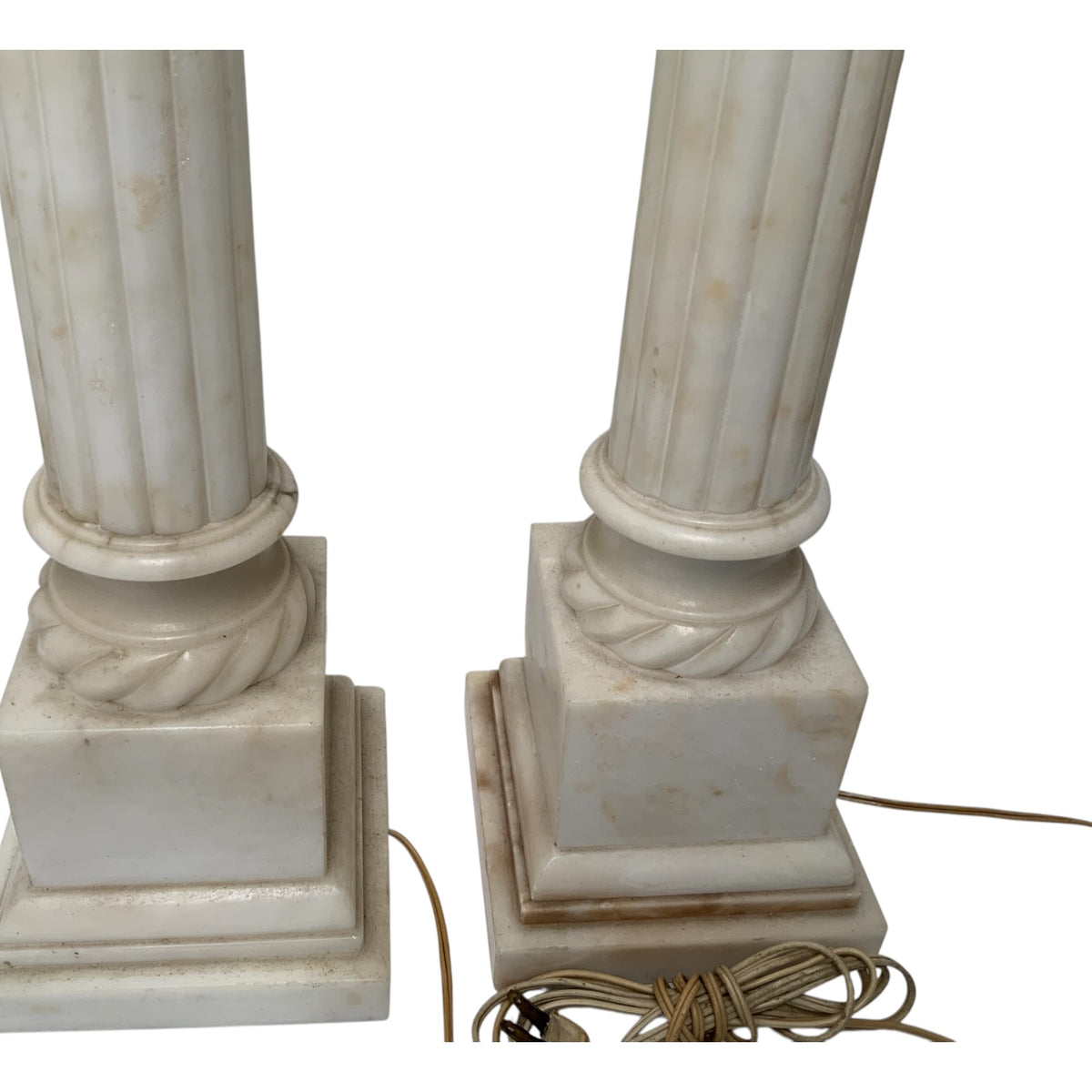 Fine Pair of Vintage Italian Neoclassical Alabaster Column Table Lamps with Laurel Wreath Finials c. Mid-20th Century 1940s-1950s