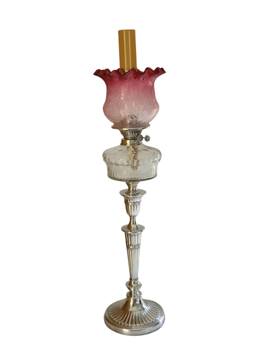 Antique 34" Victorian Silver-Plated Banquet Oil Lamp Hawksworth, Eyre & Co. (Sheffield) Cranberry Glass