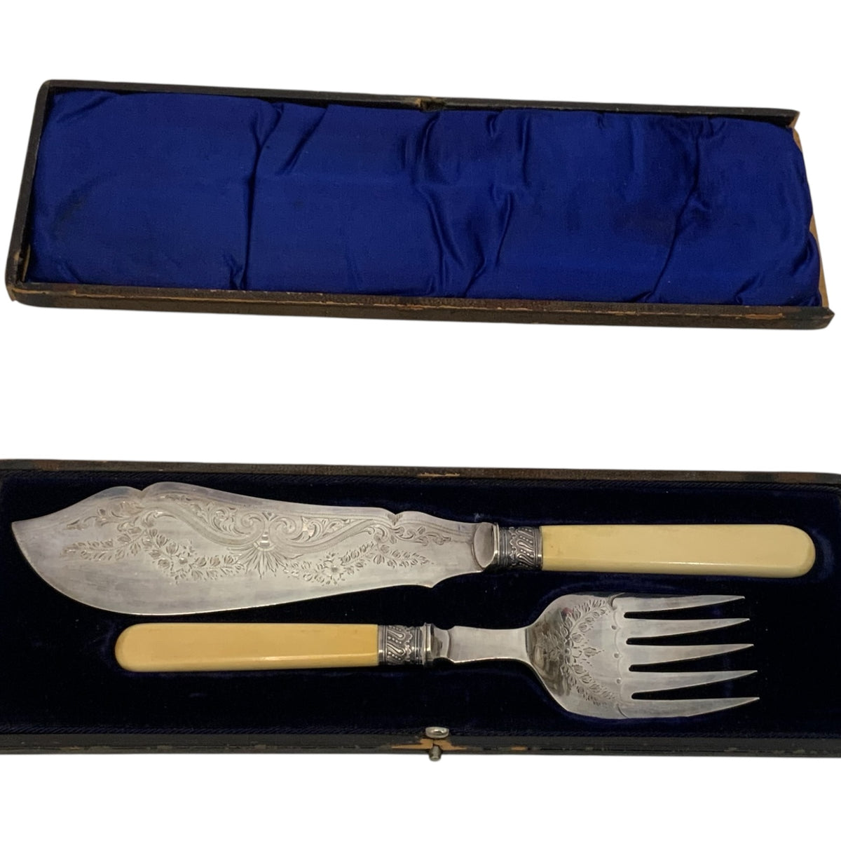 Antique English Victorian H&S EP Silver Plate Fish Serving Knife & Fork Set Bone Handles Orig. Case c. 1880-1900