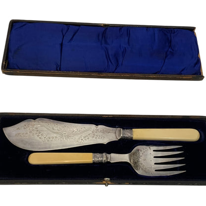 Antique English Victorian H&S EP Silver Plate Fish Serving Knife & Fork Set Bone Handles Orig. Case c. 1880-1900