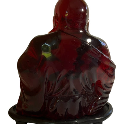 Vintage Mid-Century Large Translucent Red Resin Laughing Buddha Statue on Carved Wood Base China c. 1960s