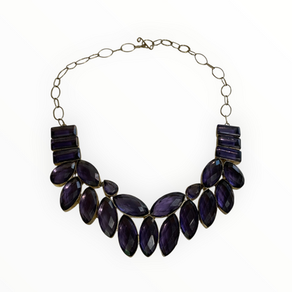 Vintage Sterling Silver 925 Purple Gemstone Amethyst Statement Bib Necklace 129g India 1970s