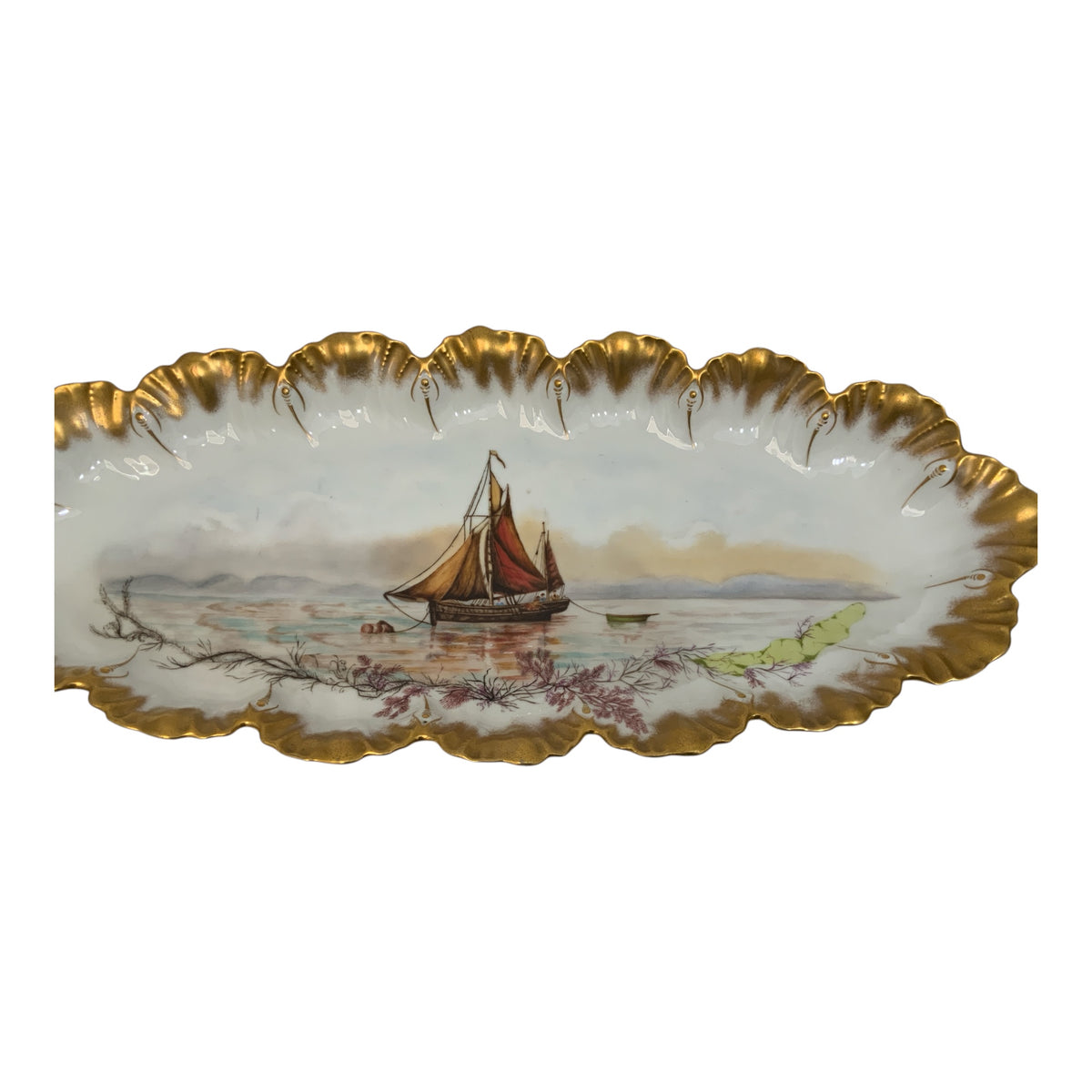 Antique A. Lanternier Limoges Hand-Painted Nautical Sailing Ship Porcelain Fish Platter France c. 1900
