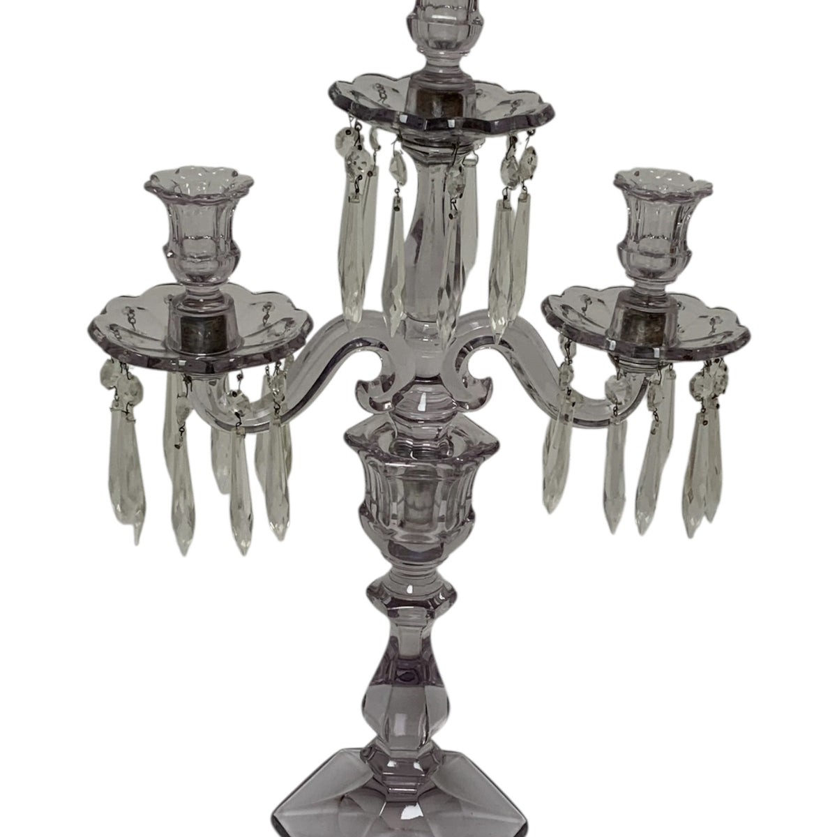 Antique Heisey Glass Puritan 3-Light Candelabra #300 Complete Prisms Sun Purple Tint c.1904-1915