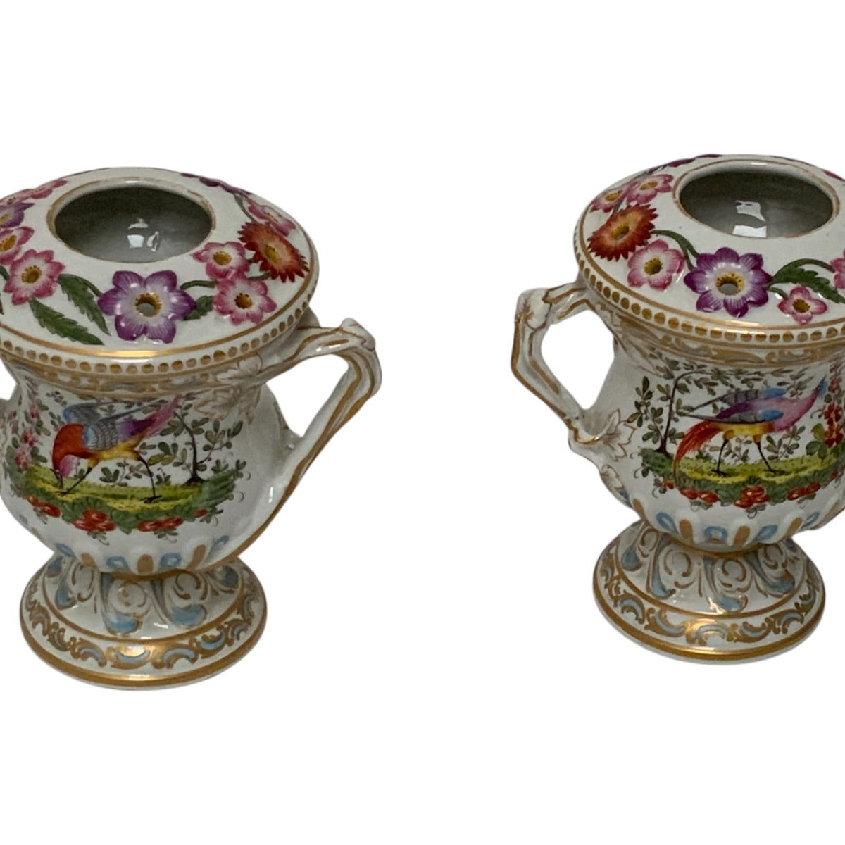 Antique Pair Edmé Samson Paris Chelsea-Style Porcelain Bird Potpourri Urns France c. 1885-1920