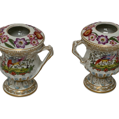 Antique Pair Edmé Samson Paris Chelsea-Style Porcelain Bird Potpourri Urns France c. 1885-1920