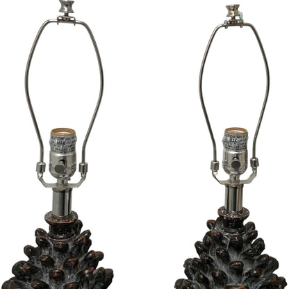 Pair of Neoclassical Style Brown Pinecone Table Lamps on Stacked Lucite Footed Bases 29" 2013