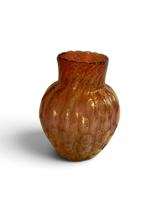 Vintage Murano Art Glass Ribbed Vase Attrib. to Barovier & Toso Cordonato d'Oro & Zebrati Gold Fleck Pink Amber Glass MCM Italy 1950s