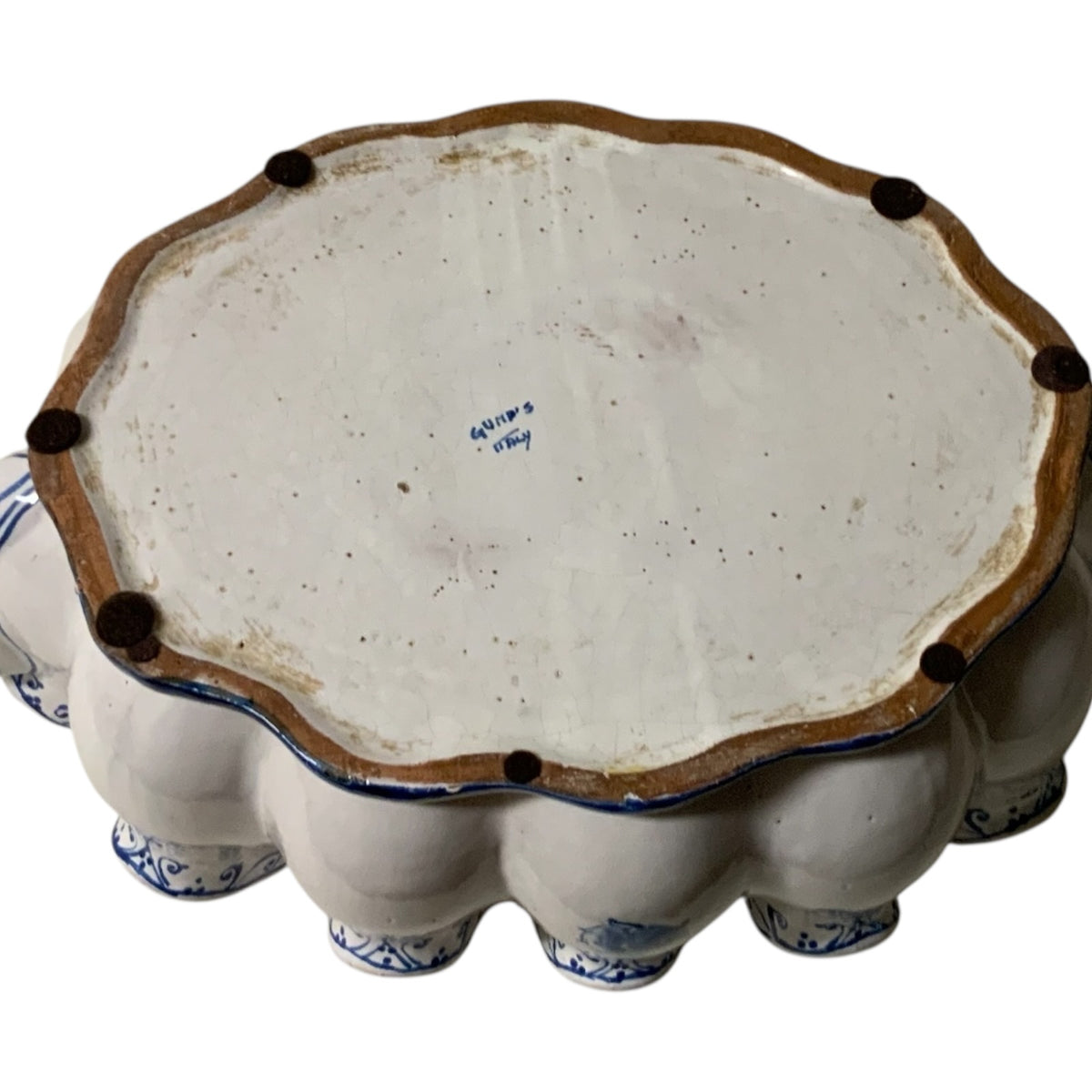 Rare Vintage 3-Piece Italian Majolica Centerpiece Set for Gump's Blue & White Tulipiere, Platter & Matching Pair of Lidded Ginger Jars Italy 1970s-1980s