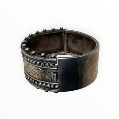 Antique Aesthetic Period Sterling Silver Hinged Cuff Bangle with Rose & Yellow Gold Floral Appliqué c. 1880s