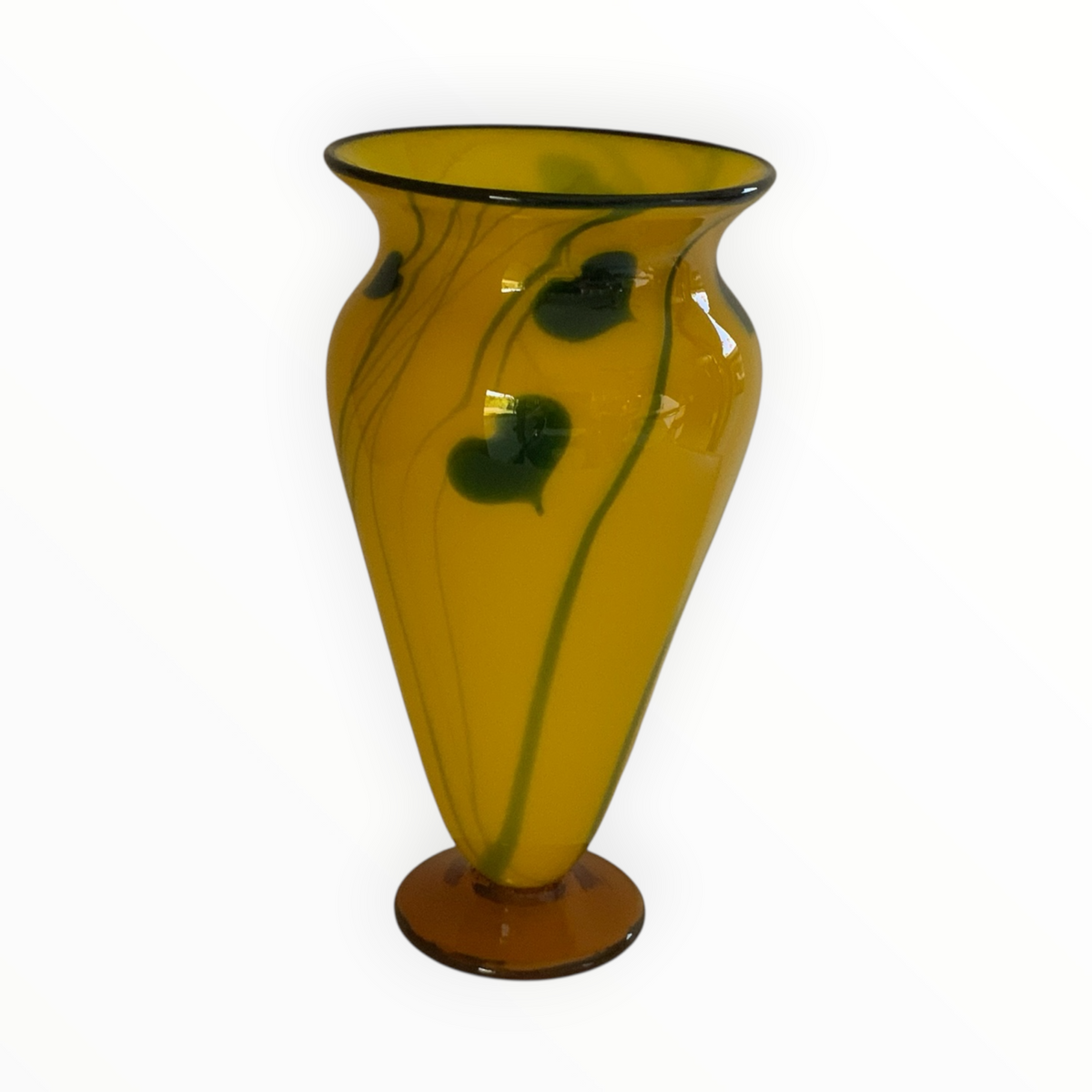Rick Strini Signed 2004 Hand-Blown Art Glass Vase 11.25" Yellow, Amber & Green Botanical Design USA