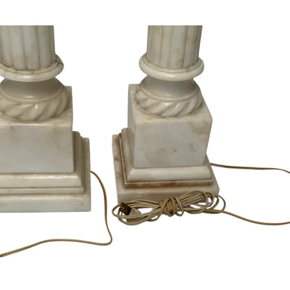 Fine Pair of Vintage Italian Neoclassical Alabaster Column Table Lamps with Laurel Wreath Finials c. Mid-20th Century 1940s-1950s