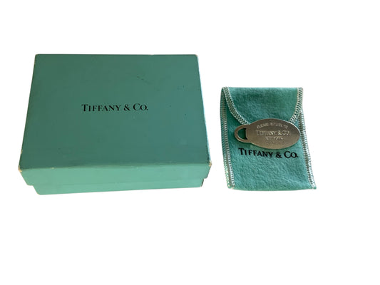 Vintage Tiffany & Co. Sterling Silver "Return to Tiffany" Oval Key Ring Tag Set with Box & Pouch Made in USA 1990s