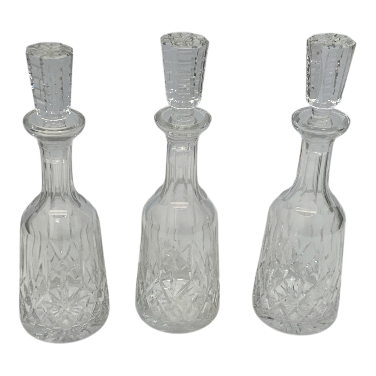 Set of Three Lismore Wine Decanters & Stoppers by Waterford Crystal Ireland 1960s-1990s