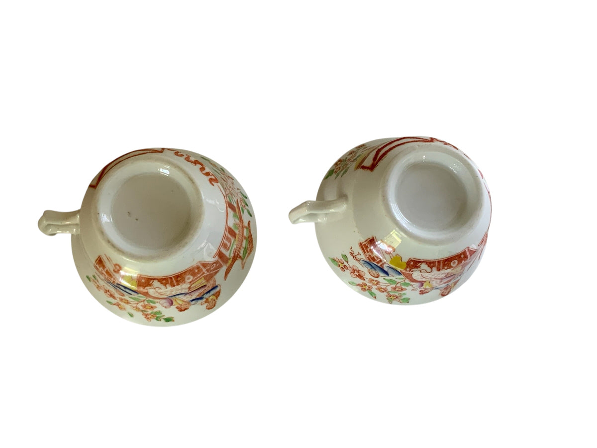 Antique Hilditch & Son Chinoiserie Porcelain Teacups Pair Made in Staffordshire England c.1825
