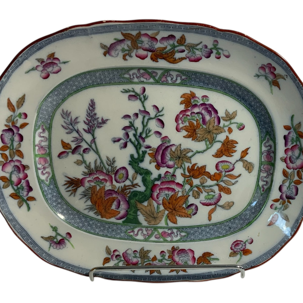 Rare Pair of Antique Minton BB New Stone 11" Oval Serving Platters – Chinoiserie Floral Pattern 41723, c. 1858-1860