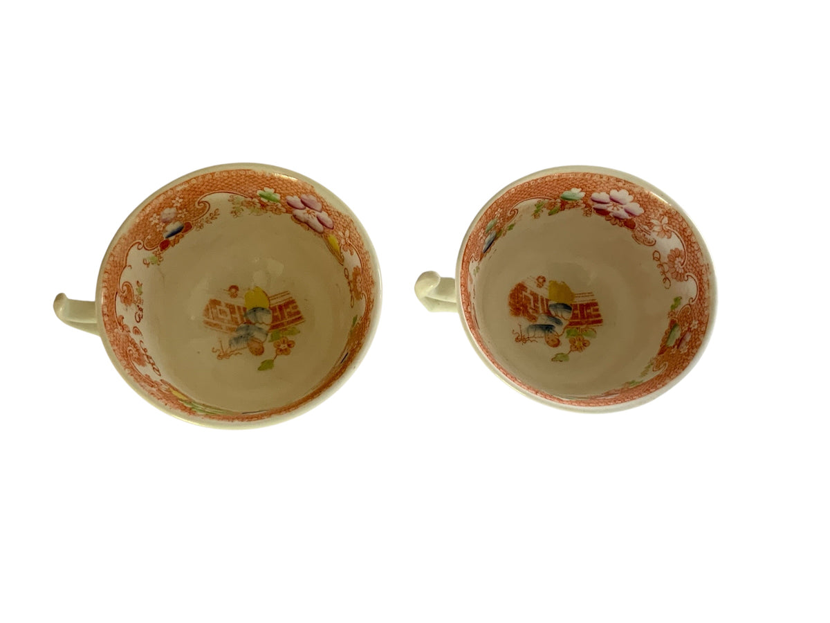 Antique Hilditch & Son Chinoiserie Porcelain Teacups Pair Made in Staffordshire England c.1825
