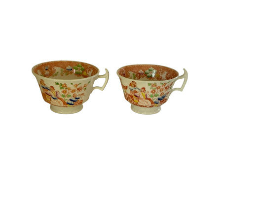 Antique Hilditch & Son Chinoiserie Porcelain Teacups Pair Made in Staffordshire England c.1825
