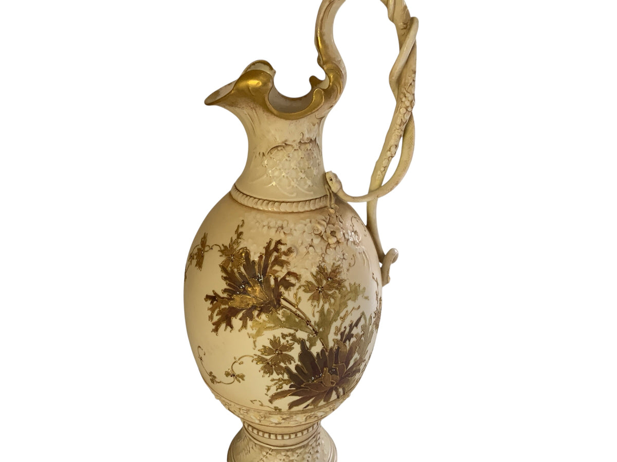 Antique 14" Royal Worcester Snake Handle Ewer Shape 137 A. Stowell Boston Blush Ivory Made in England c. 1880s-1890s