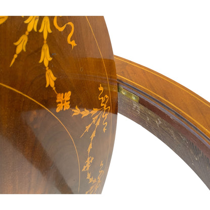 Antique Rare English Sheraton Revival Mahogany & Marquetry Circular Pivoting-Center Games Table 19th Century