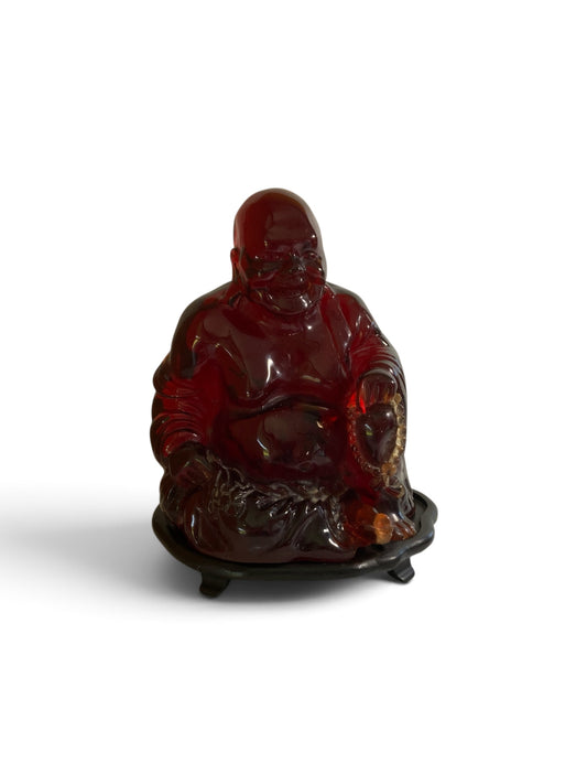 Vintage Mid-Century Large Translucent Red Resin Laughing Buddha Statue on Carved Wood Base China c. 1960s