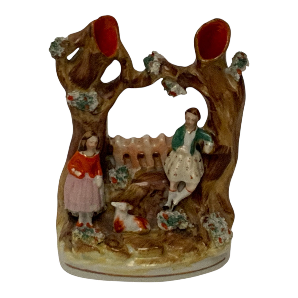 Antique Victorian Staffordshire Double Tree Trunk Spill Vase Courting Couple & Sheep c. 1860