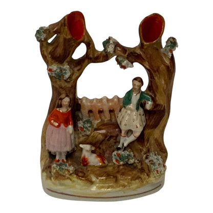 Antique Victorian Staffordshire Double Tree Trunk Spill Vase Courting Couple & Sheep c. 1860