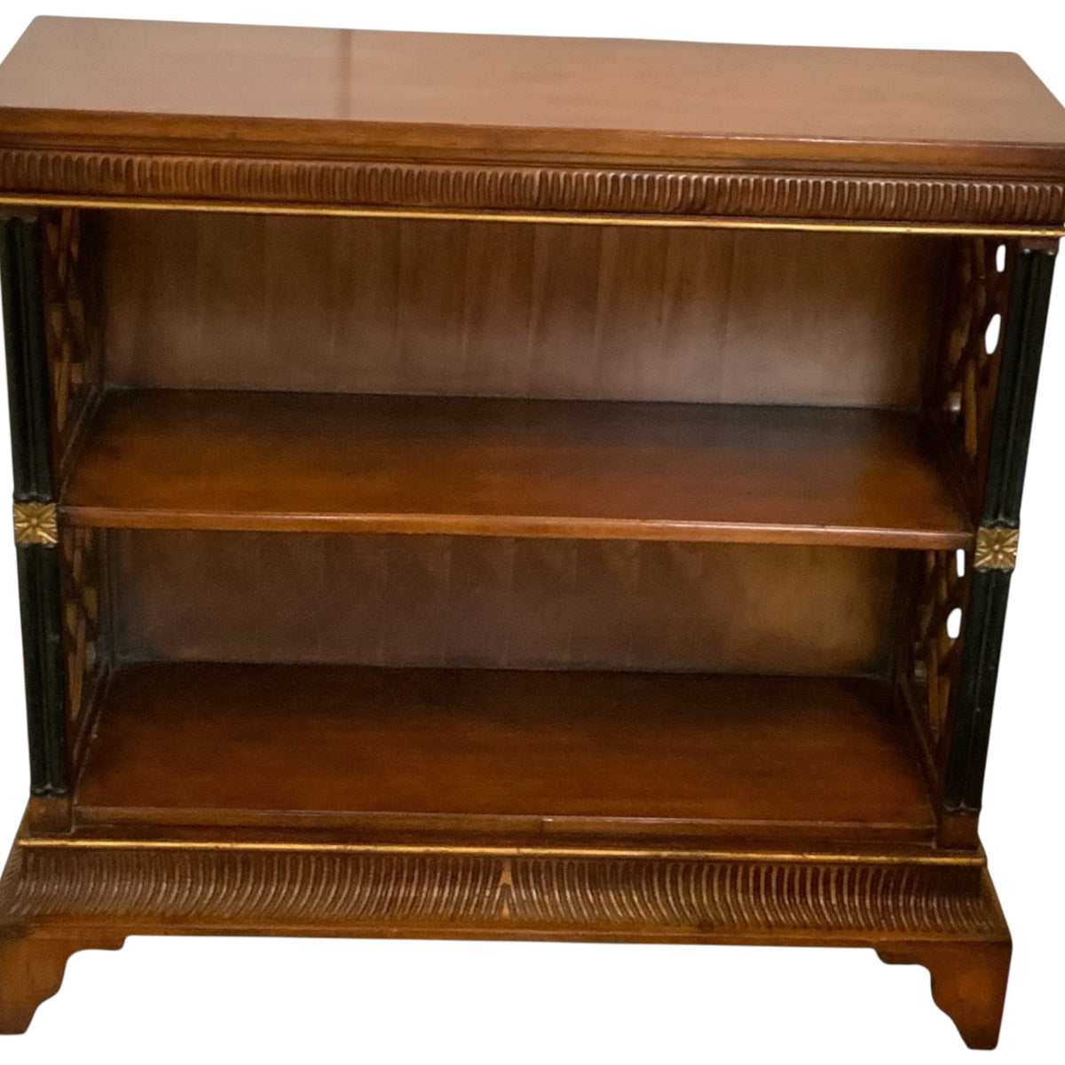 Vintage John-Richard Regency Chinese Chippendale Mahogany Open Bookcase with Fretwork & Gilt Accents USA 1990s-2000s