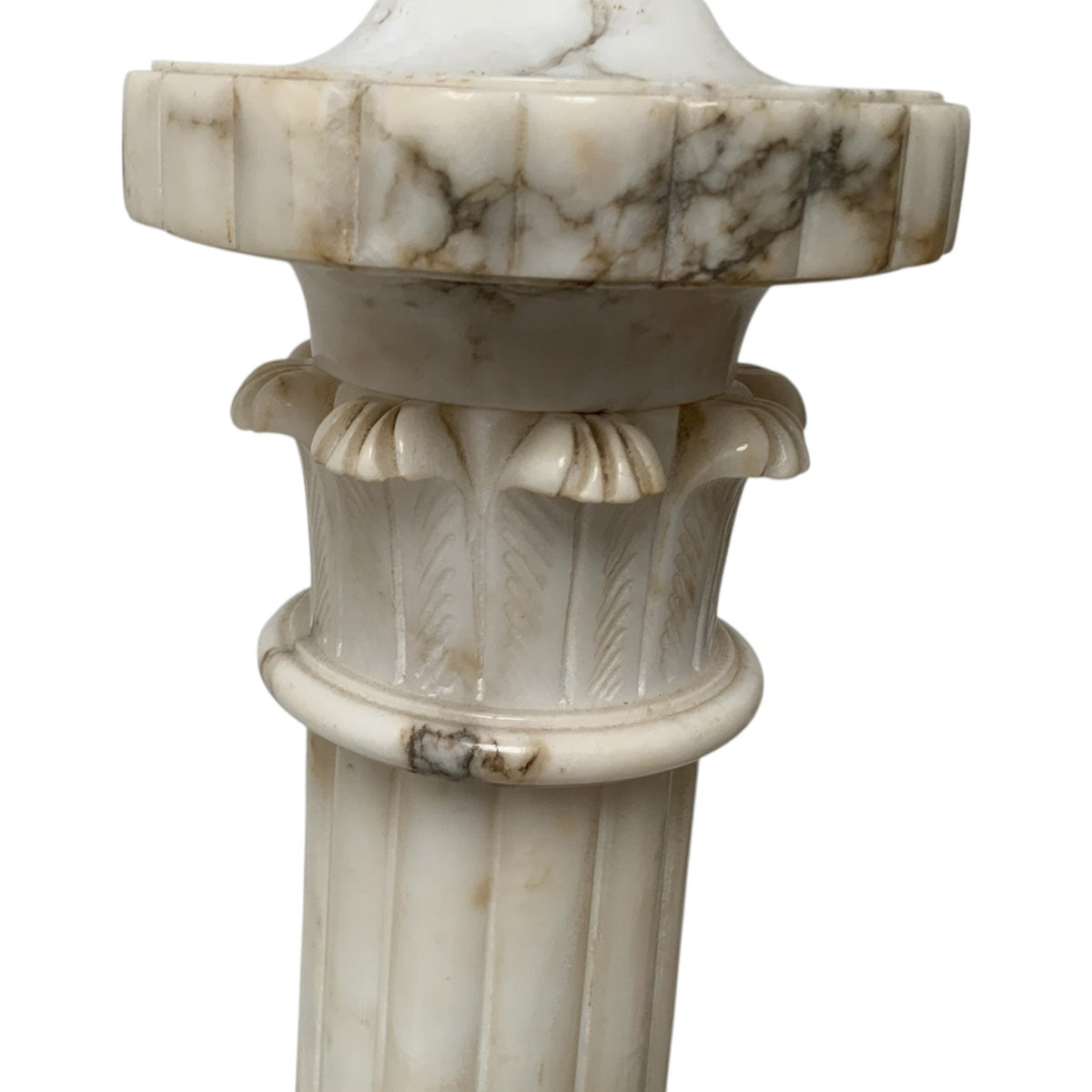 Fine Pair of Vintage Italian Neoclassical Alabaster Column Table Lamps with Laurel Wreath Finials c. Mid-20th Century 1940s-1950s