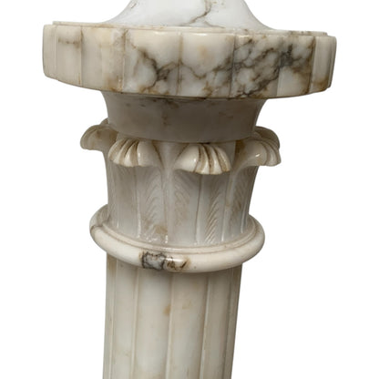 Fine Pair of Vintage Italian Neoclassical Alabaster Column Table Lamps with Laurel Wreath Finials c. Mid-20th Century 1940s-1950s