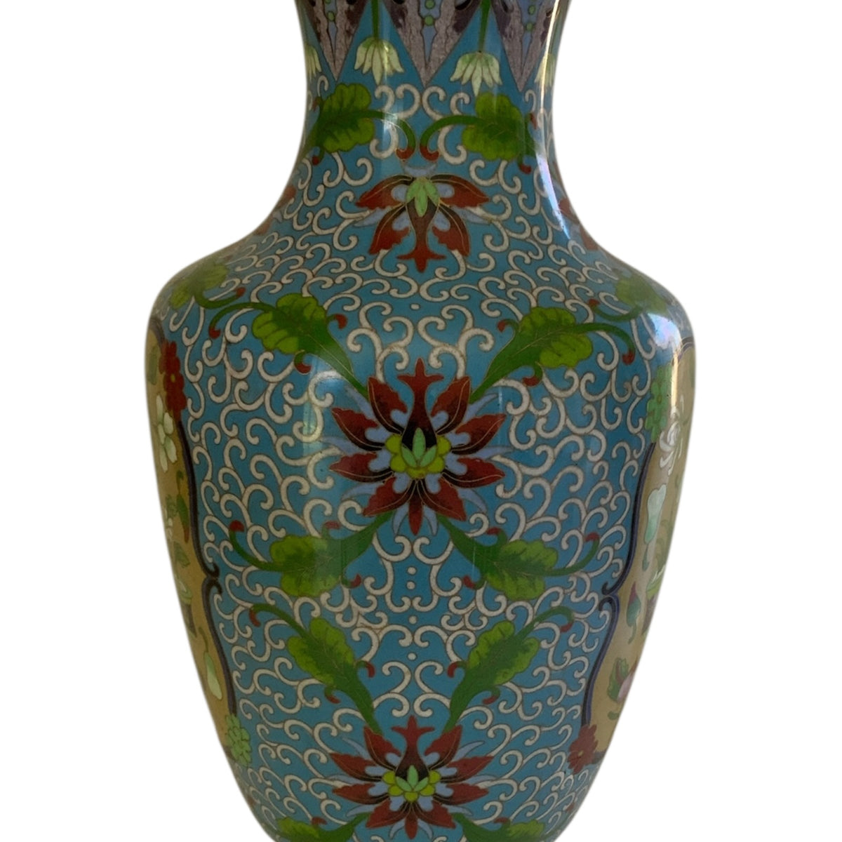 Vintage Large 15.25" Chinese Cloisonne Vase Turquoise Yellow Floral Pot Motif Vintage c.1970s-1980s