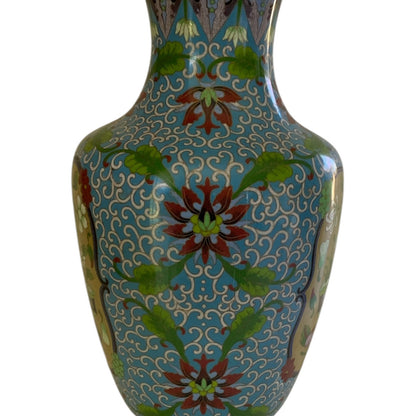 Vintage Large 15.25" Chinese Cloisonne Vase Turquoise Yellow Floral Pot Motif Vintage c.1970s-1980s