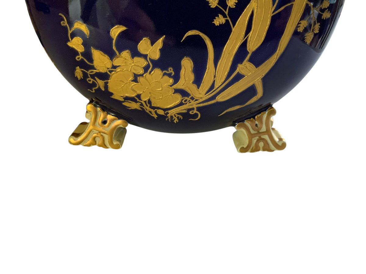 Pair Antique Grainger Cobalt Blue Porcelain Moon Pilgrim Flasks Snake Handles c. 1880 Gilt Vases Made in England