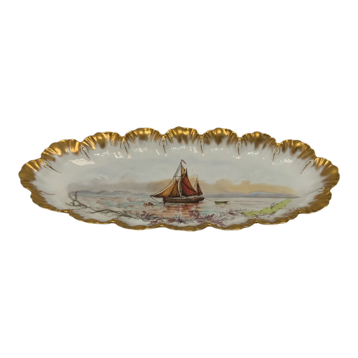 Antique A. Lanternier Limoges Hand-Painted Nautical Sailing Ship Porcelain Fish Platter France c. 1900