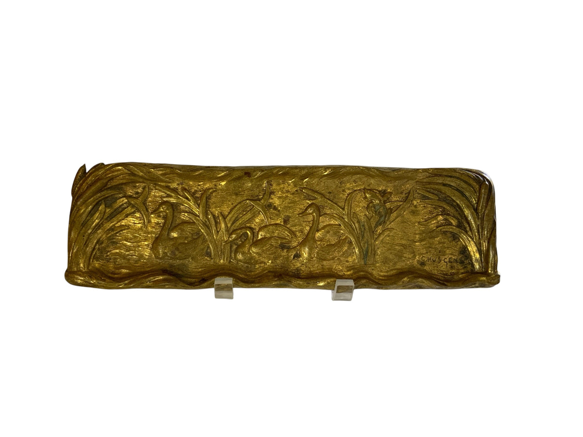 Rare Antique French Art Nouveau Signed Gilt Bronze Swan Pen Tray by G. Huygens, 12" Made in France 1895-1910