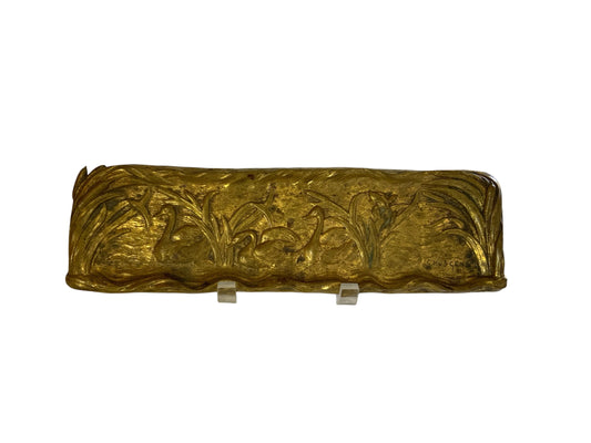 Rare Antique French Art Nouveau Signed Gilt Bronze Swan Pen Tray by G. Huygens, 12" Made in France 1895-1910