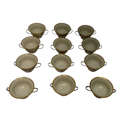 Antique Set of 12 Gorham Sterling Silver Pierced Bouillon Cup Holders with Lenox Porcelain Liners America 1900-1920