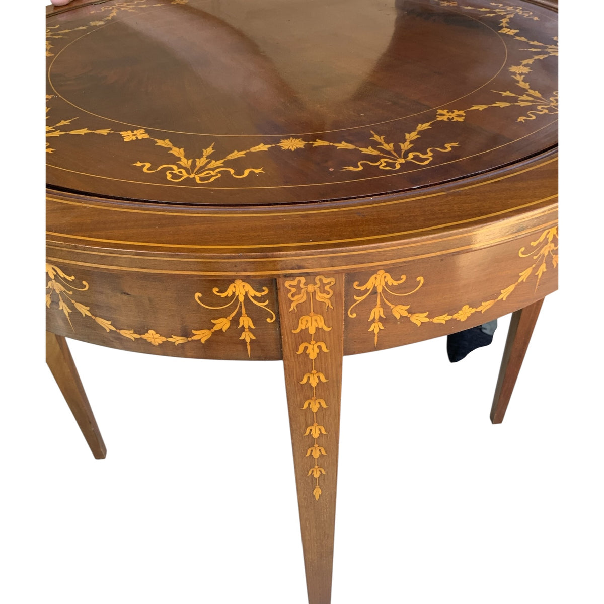 Antique Rare English Sheraton Revival Mahogany & Marquetry Circular Pivoting-Center Games Table 19th Century