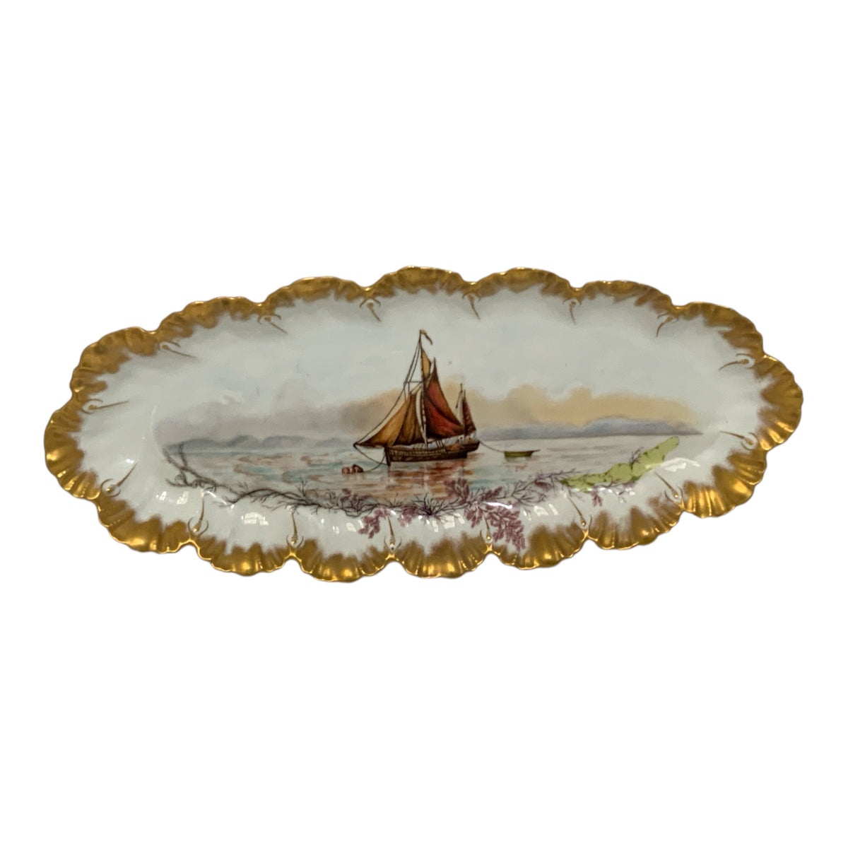 Antique A. Lanternier Limoges Hand-Painted Nautical Sailing Ship Porcelain Fish Platter France c. 1900