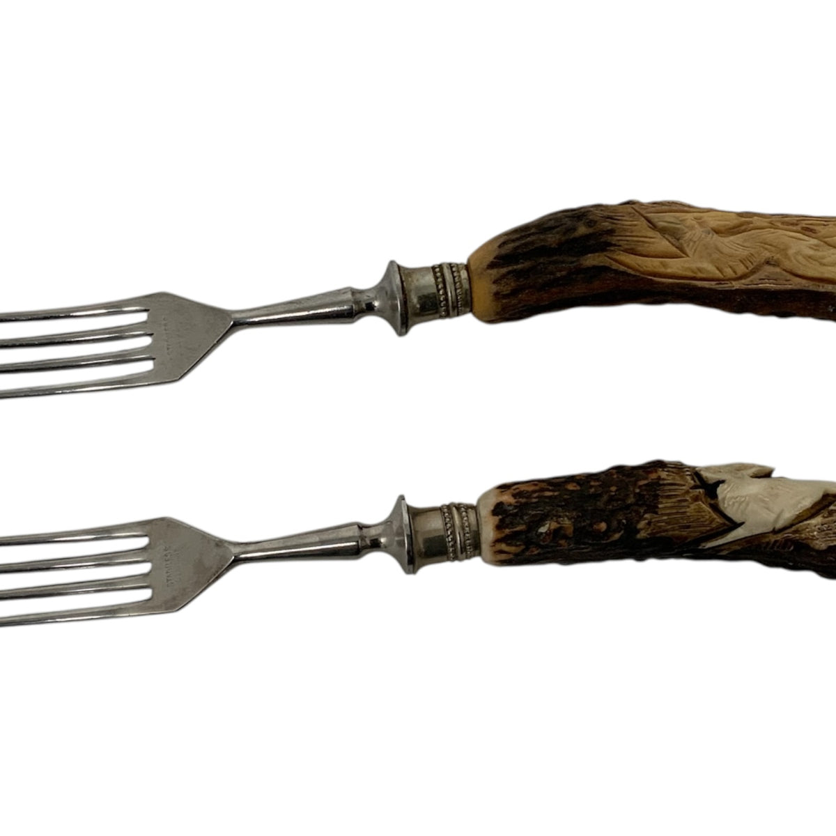 Vintage German Hand-Carved Stag Antler Hunting Dinner Forks Set of 8 c. 1950-1970