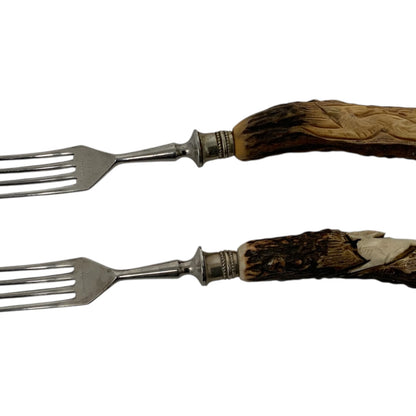 Vintage German Hand-Carved Stag Antler Hunting Dinner Forks Set of 8 c. 1950-1970