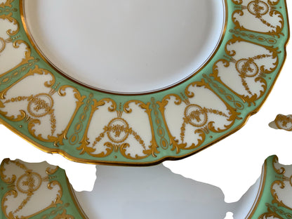 Antique Royal Doulton Robert Allen Dinner Plates Mint Green Gold Gilt 10” Set of 12 (Dated 1916/1925)