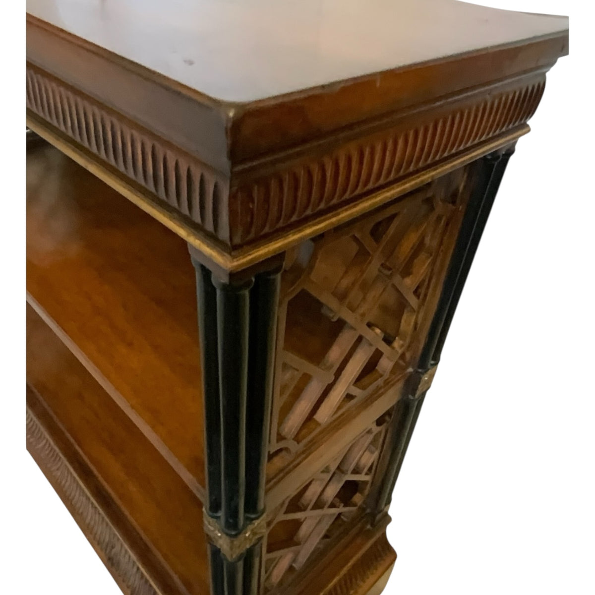 Vintage John-Richard Regency Chinese Chippendale Mahogany Open Bookcase with Fretwork & Gilt Accents USA 1990s-2000s