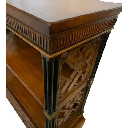 Vintage John-Richard Regency Chinese Chippendale Mahogany Open Bookcase with Fretwork & Gilt Accents USA 1990s-2000s