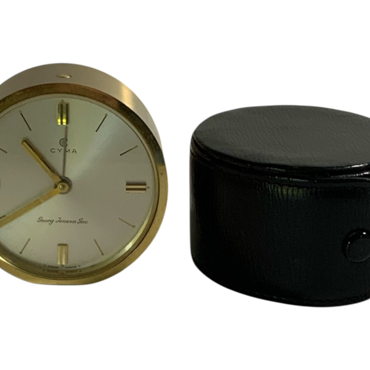Rare Vintage CYMA 11-Jewel Swiss Mechanical Travel Alarm Clock Georg Jensen Inc. MCM w/Case 1950s-1960s